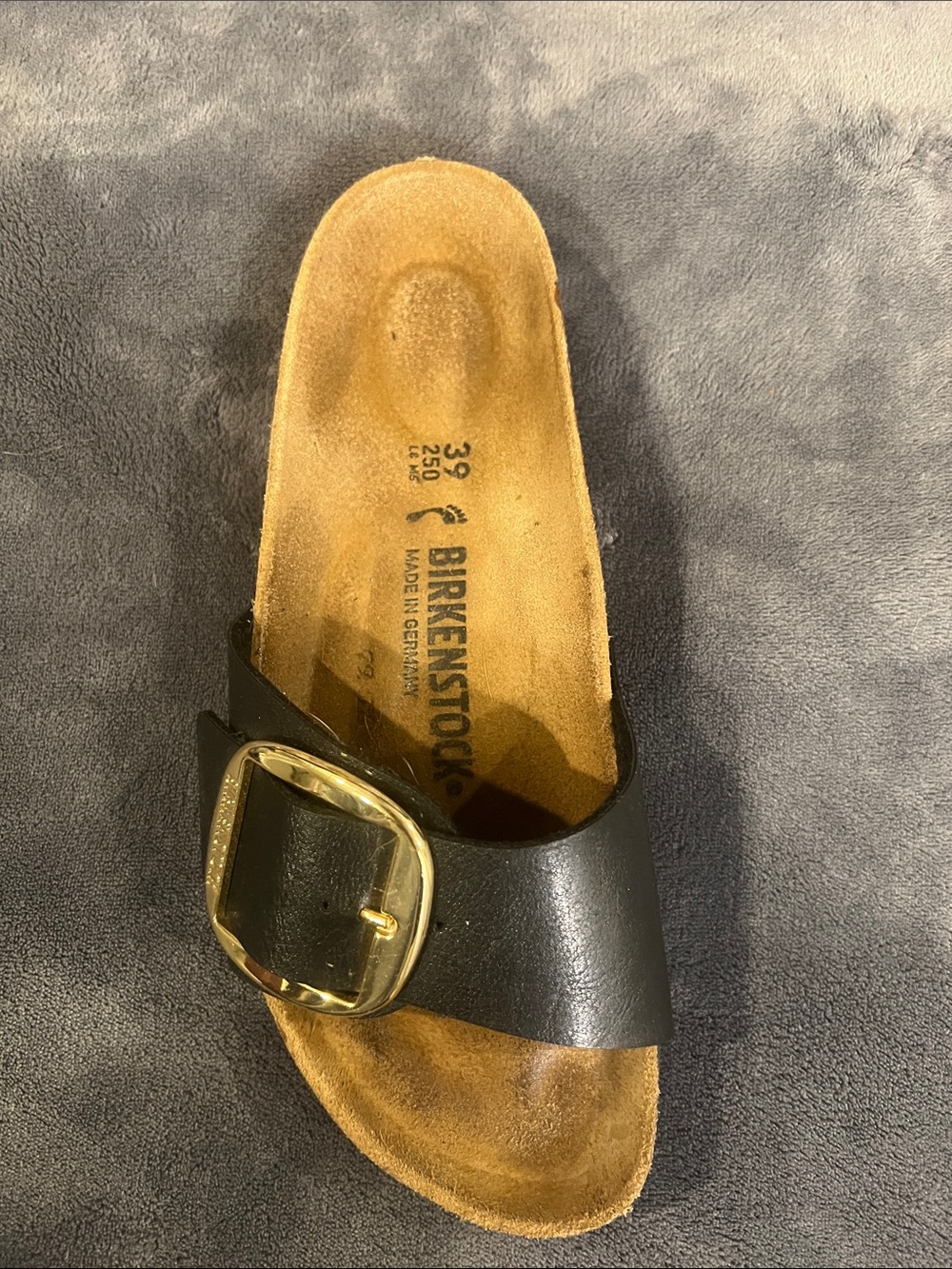 Birkenstock Single Strap Slide with Gold Buckle - Black